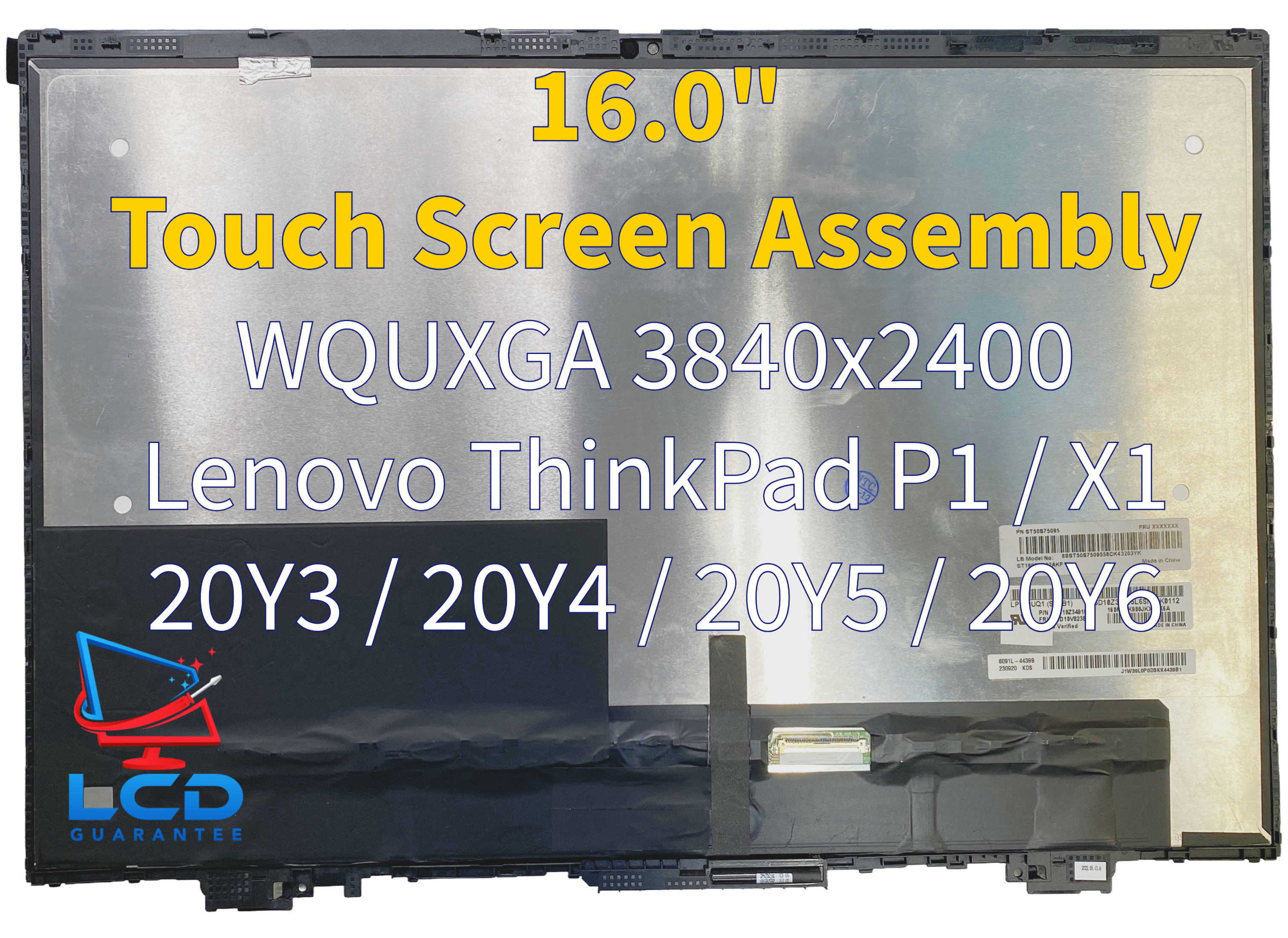 Lenovo 20Y50014US 16" WQUXGA UHD 3840x2400 60Hz Touch Digitizer LCD IPS eDP, 40 pins Connector laptop screen